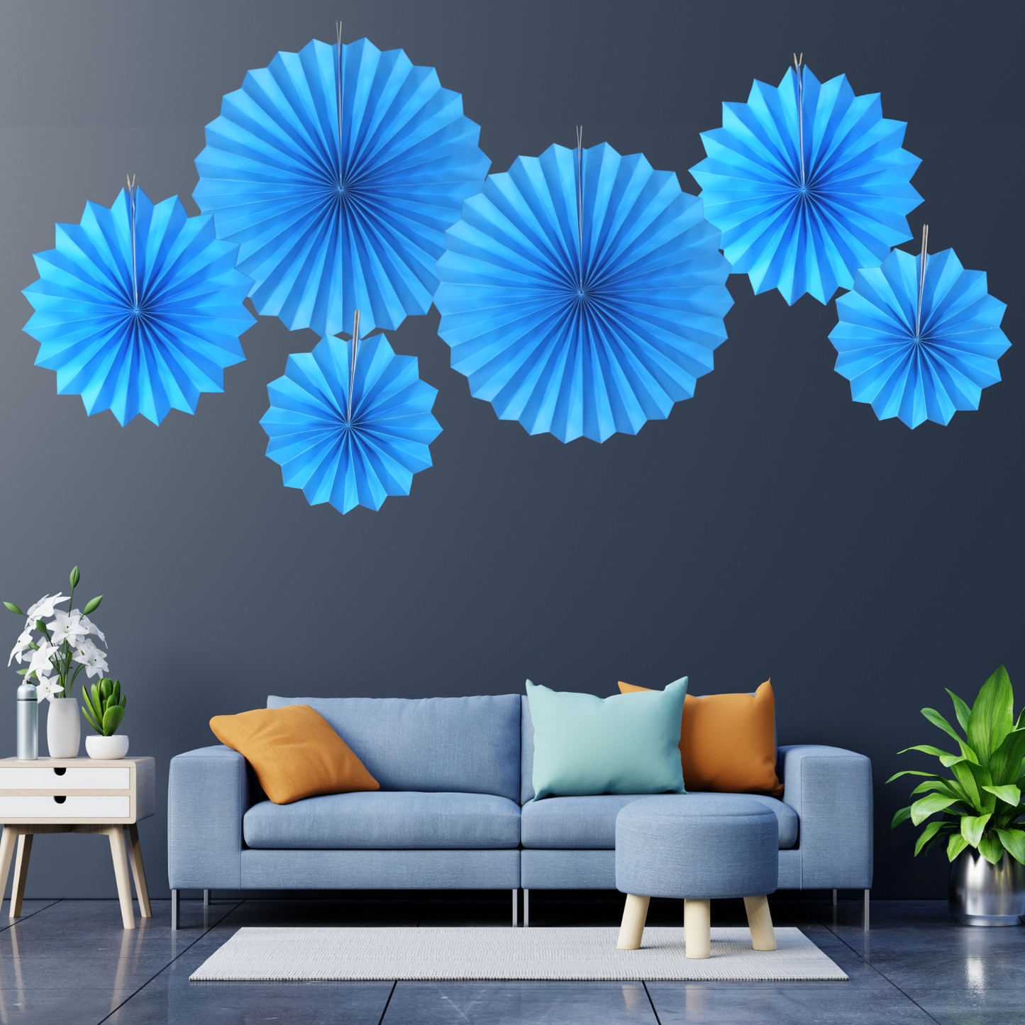 Party Decorz Blue Paper Fan Decoration Set Of 6pcs For Birthday, Wedding, Baby Shower, Anniversary ,Backdrop Party Decoration