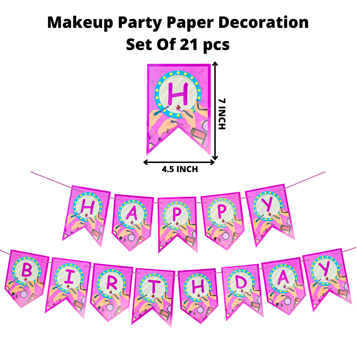 Party Decorz Makeup Party Paper Decoration Set Of 21 pcs|Happy Birthday Paper Banner (1 Set)|Makeup Paper Cutout (17 pcs)|Party Props (3 pcs)