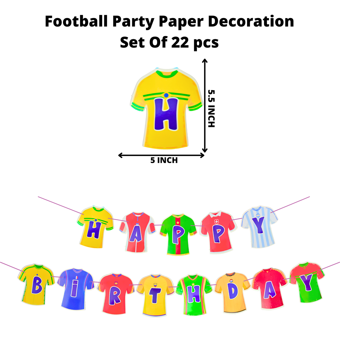 Party Decorz Football Party Paper Decoration Set Of 22 pcs, Happy Birthday Paper Banner (1 Set), Football Paper Cutout (16 pcs), Cake Topper (1 pcs), Party Props (4pcs).