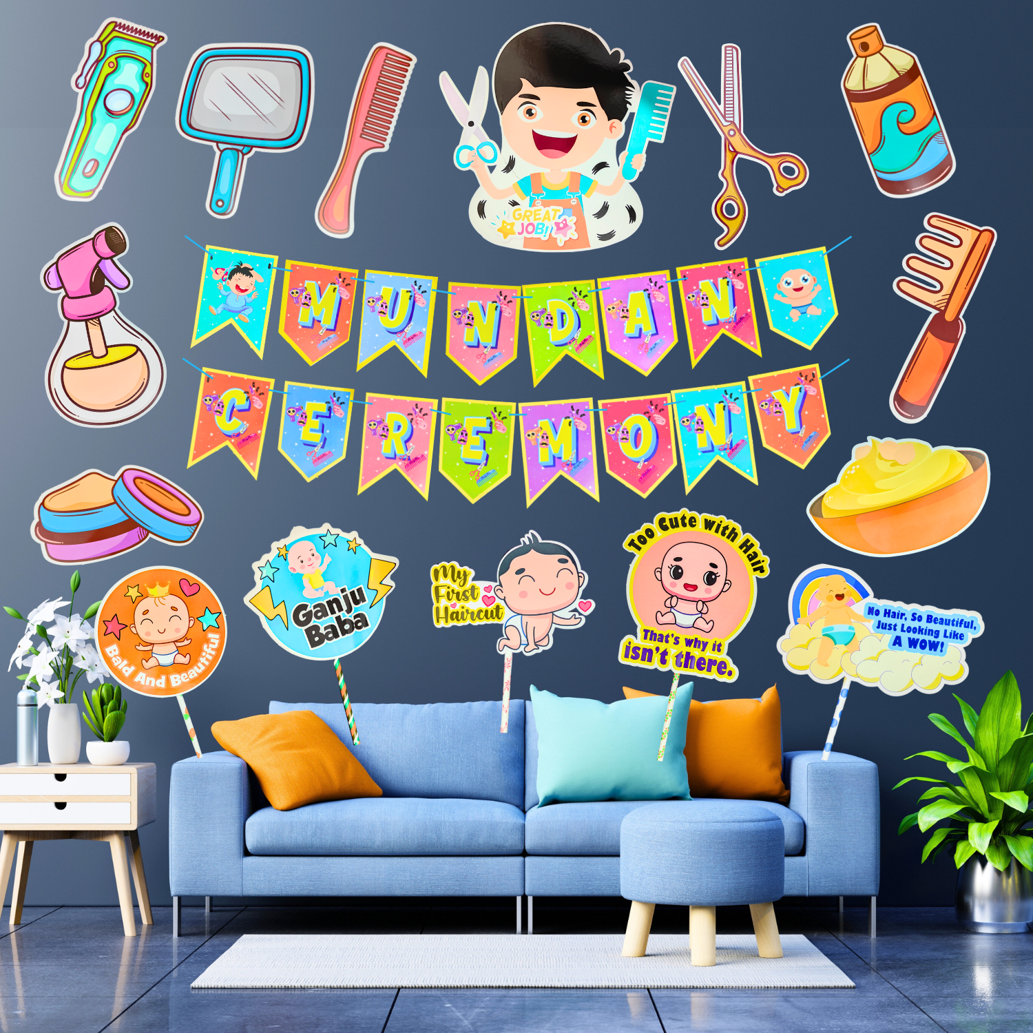 party-decorz-my-first-hair-cut-mundan-ceremony-decoration-set-of-16-pcs-mundan-sanskar-paper-banner-1-set-hair-cut-mundan-ceremony-paper-cutout-10-pcs-hair-cut-mundan-ceremony-party-props-5-pcs