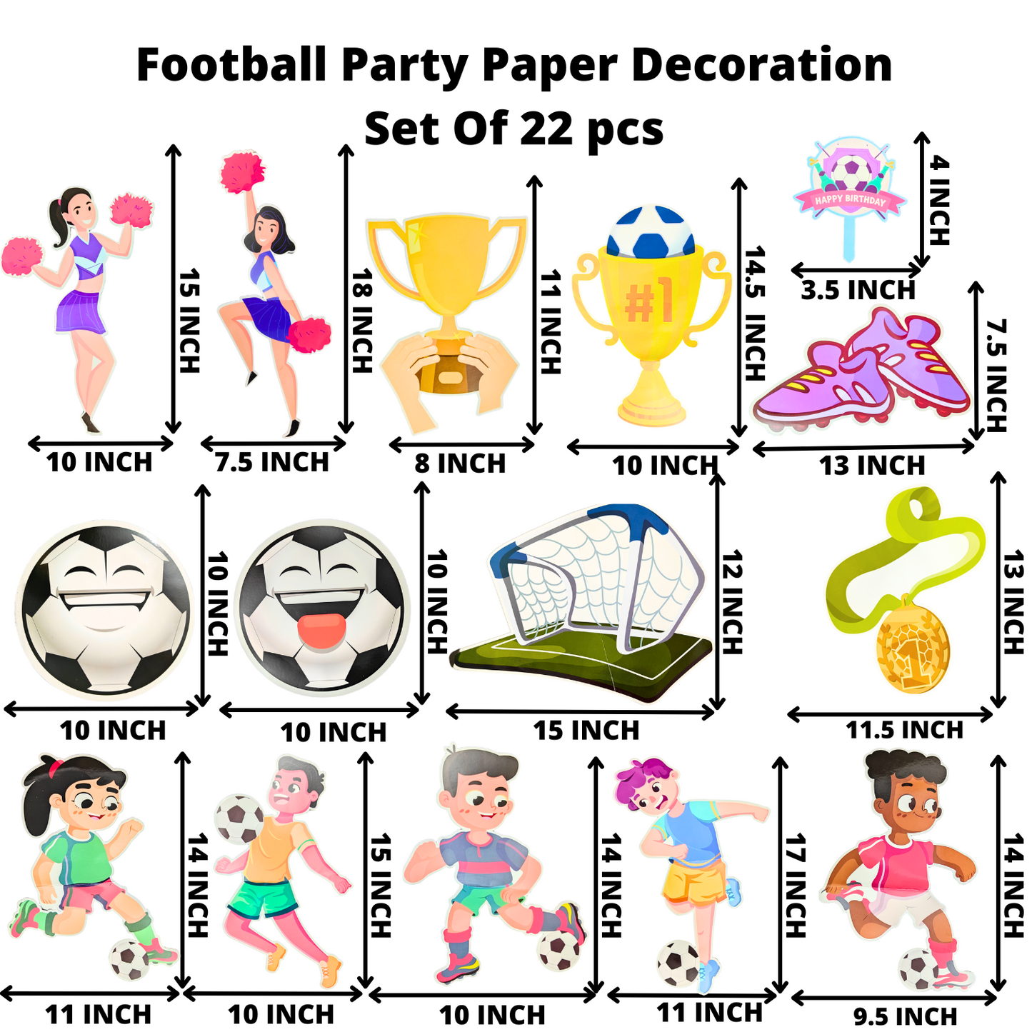 Party Decorz Football Party Paper Decoration Set Of 22 pcs, Happy Birthday Paper Banner (1 Set), Football Paper Cutout (16 pcs), Cake Topper (1 pcs), Party Props (4pcs).
