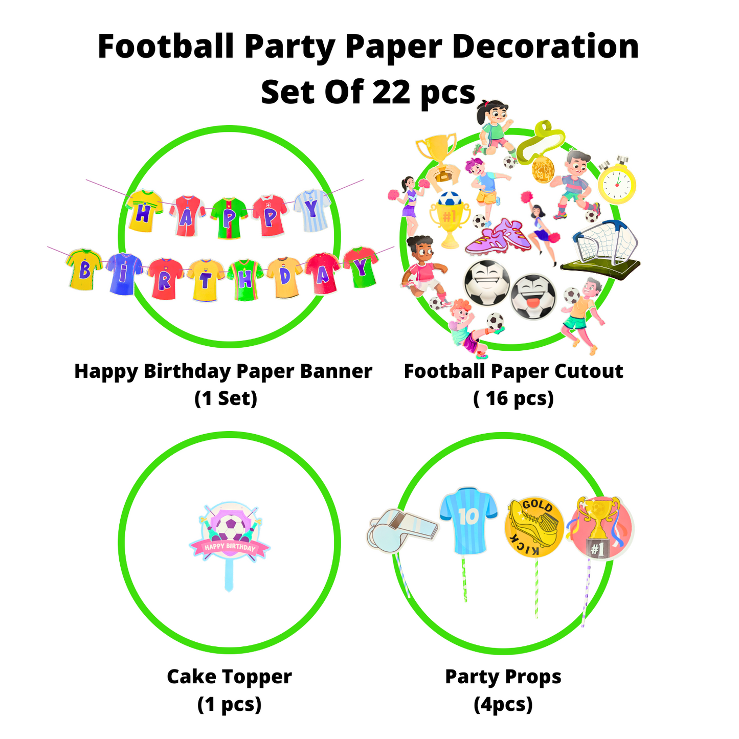 Party Decorz Football Party Paper Decoration Set Of 22 pcs, Happy Birthday Paper Banner (1 Set), Football Paper Cutout (16 pcs), Cake Topper (1 pcs), Party Props (4pcs).