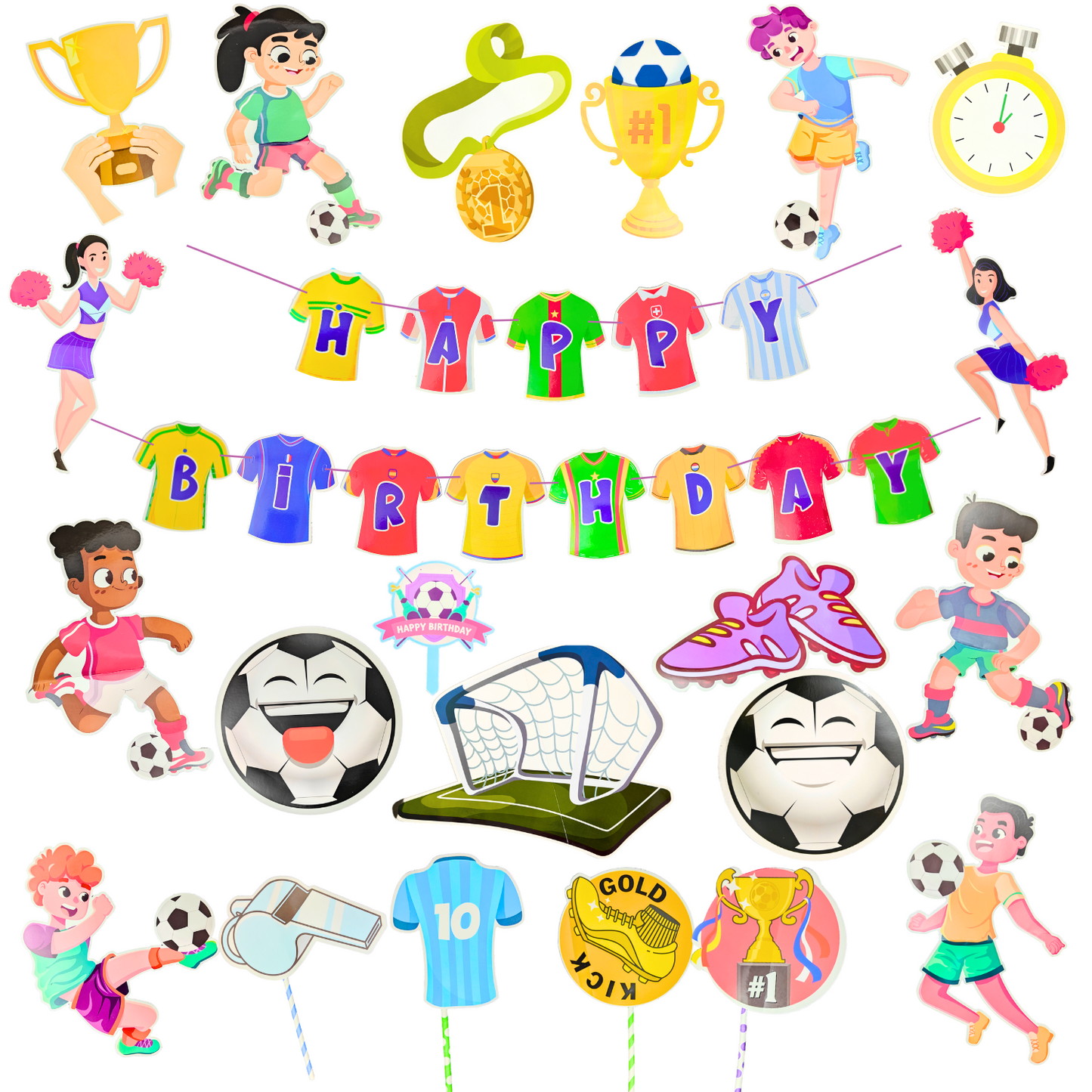 Party Decorz Football Party Paper Decoration Set Of 22 pcs, Happy Birthday Paper Banner (1 Set), Football Paper Cutout (16 pcs), Cake Topper (1 pcs), Party Props (4pcs).