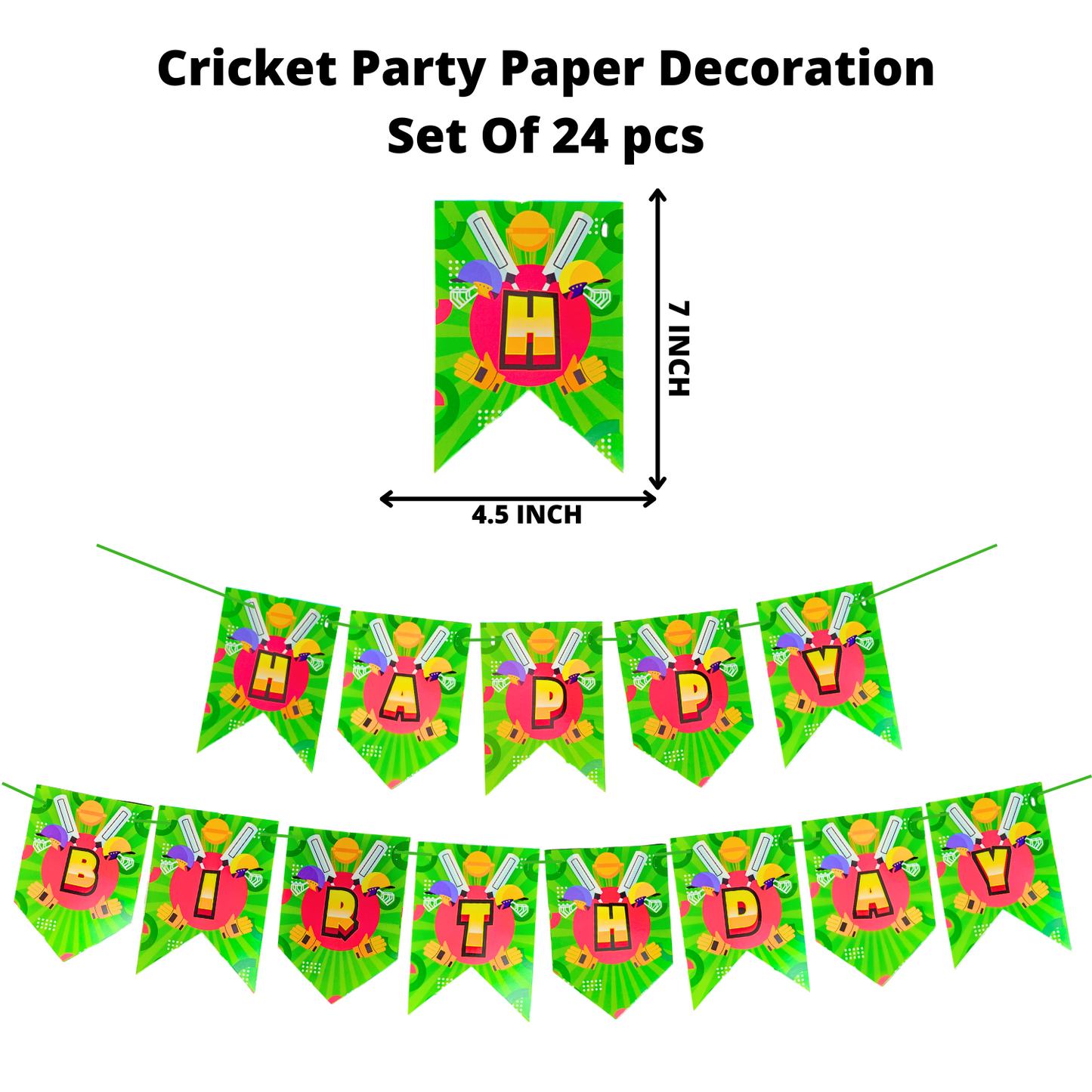 Party Decorz Cricket Birthday Paper Decoration Set Of 24 pcs, Happy Birthday Paper Banner (1 Set), Cricket Paper Cutout (16 pcs), Cake Topper (1 pcs), Party Props (6 pcs)