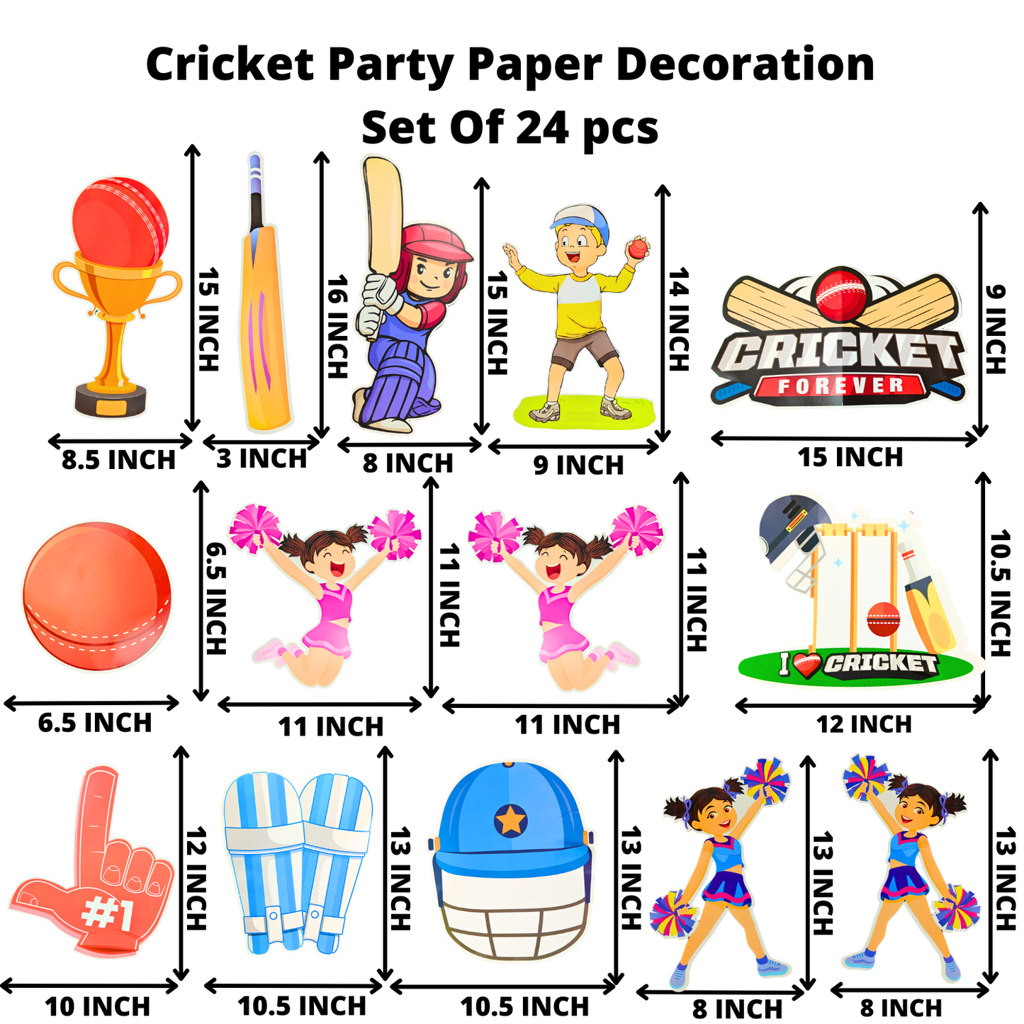 Party Decorz Cricket Birthday Paper Decoration Set Of 24 pcs, Happy Birthday Paper Banner (1 Set), Cricket Paper Cutout (16 pcs), Cake Topper (1 pcs), Party Props (6 pcs)