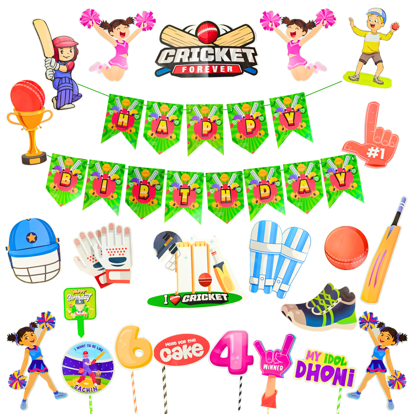 Party Decorz Cricket Birthday Paper Decoration Set Of 24 pcs, Happy Birthday Paper Banner (1 Set), Cricket Paper Cutout (16 pcs), Cake Topper (1 pcs), Party Props (6 pcs)