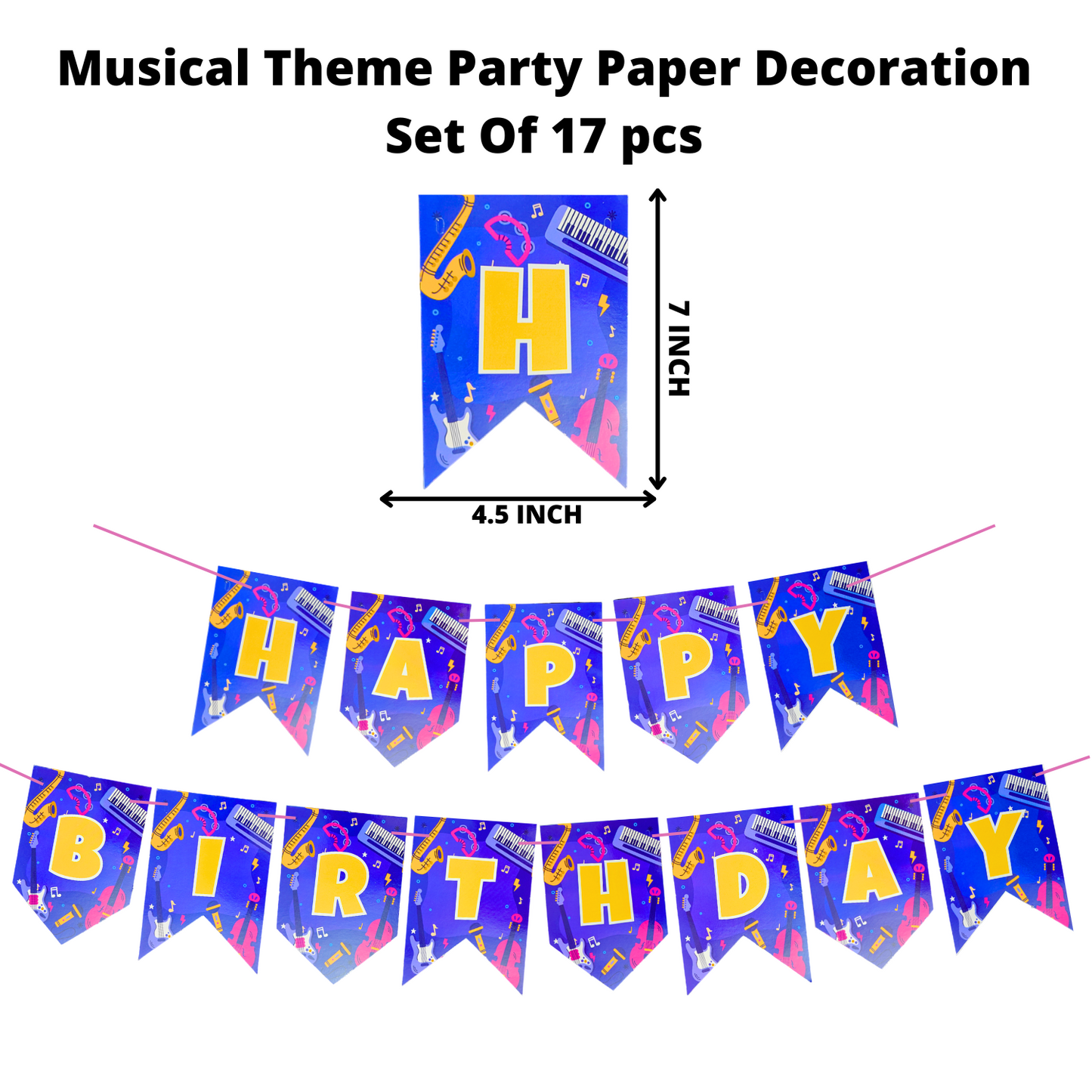 Party Decorz Musical Theme Party Paper Decoration Set Of 17 pcs, Happy Birthday Paper Banner (1 Set), Musical Theme Paper Cutout (16 pcs).