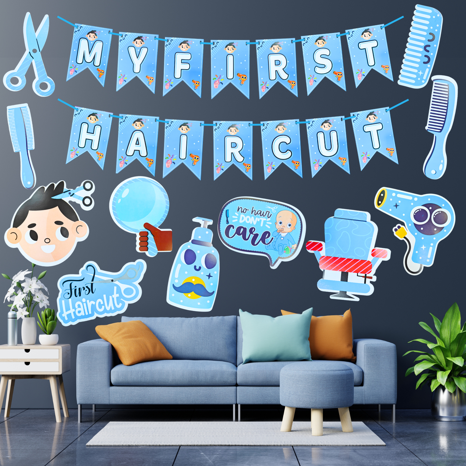 party-decorz-my-first-hair-cut-mundan-ceremony-decoration-set-of-12-pcs-my-first-hair-cut-paper-banner-1-set-hair-cut-mundan-ceremony-paper-cutout-11-set-blue