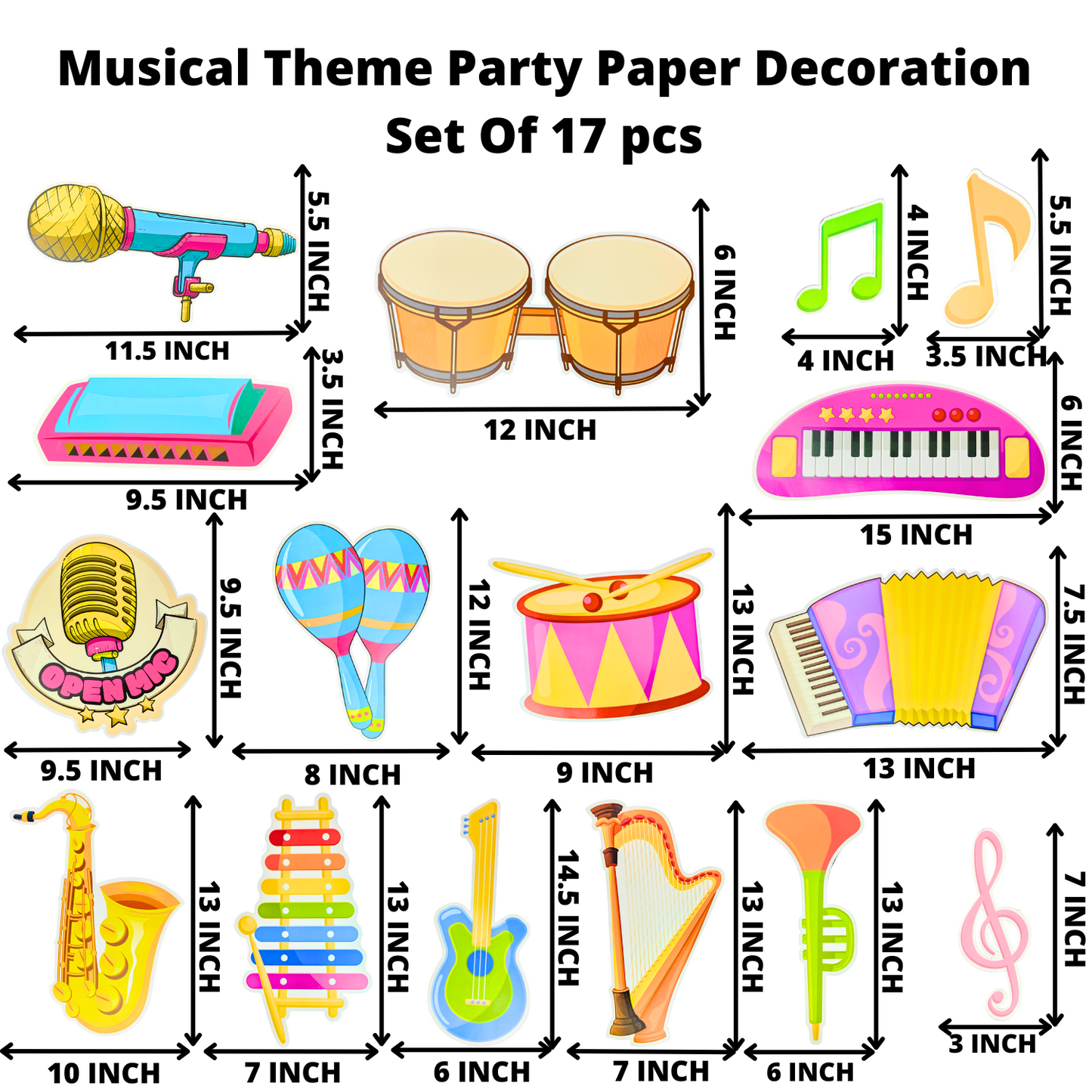 Party Decorz Musical Theme Party Paper Decoration Set Of 17 pcs, Happy Birthday Paper Banner (1 Set), Musical Theme Paper Cutout (16 pcs).