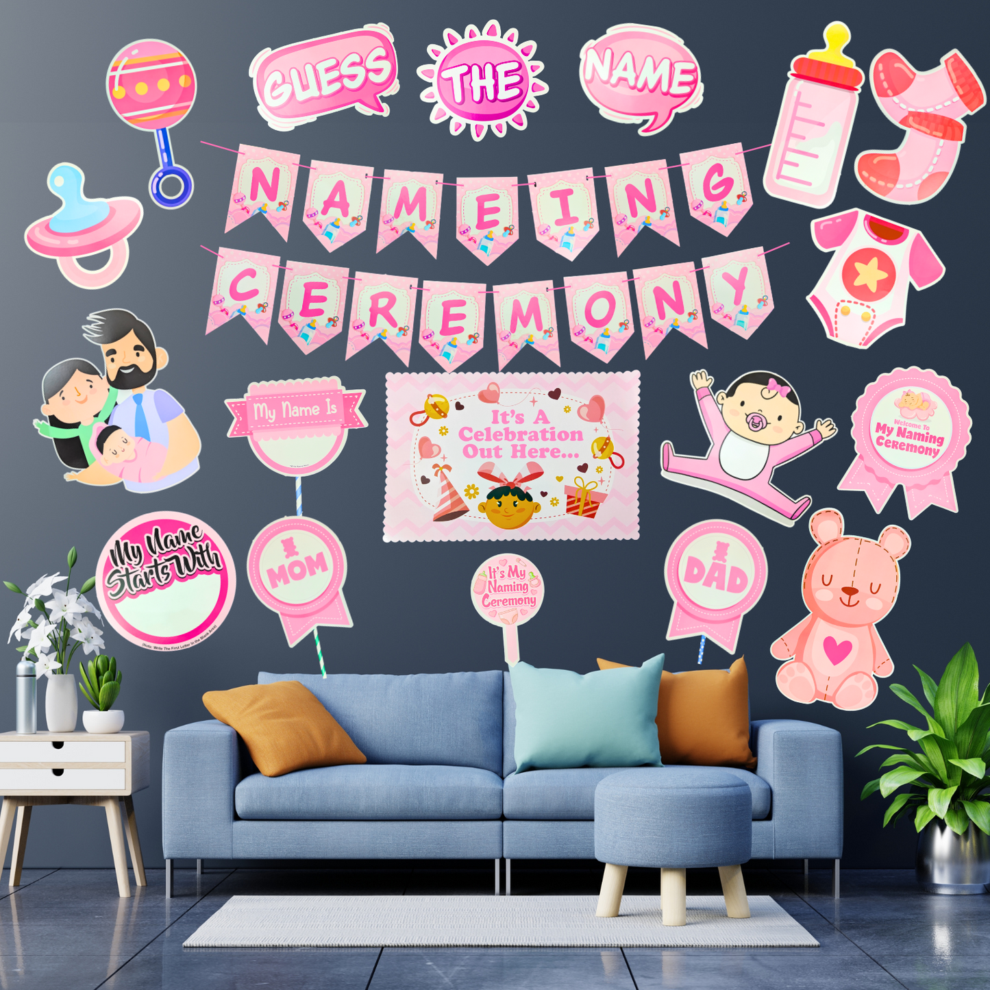 Party Decorz Naming Ceremony Party Paper Decoration Set Of 19pcs, Naming Ceremony Paper Banner (1 Set), Naming Ceremony Paper Cutouts (14 pcs), Photo Props (3 pcs), Cake Topper (1pcs)