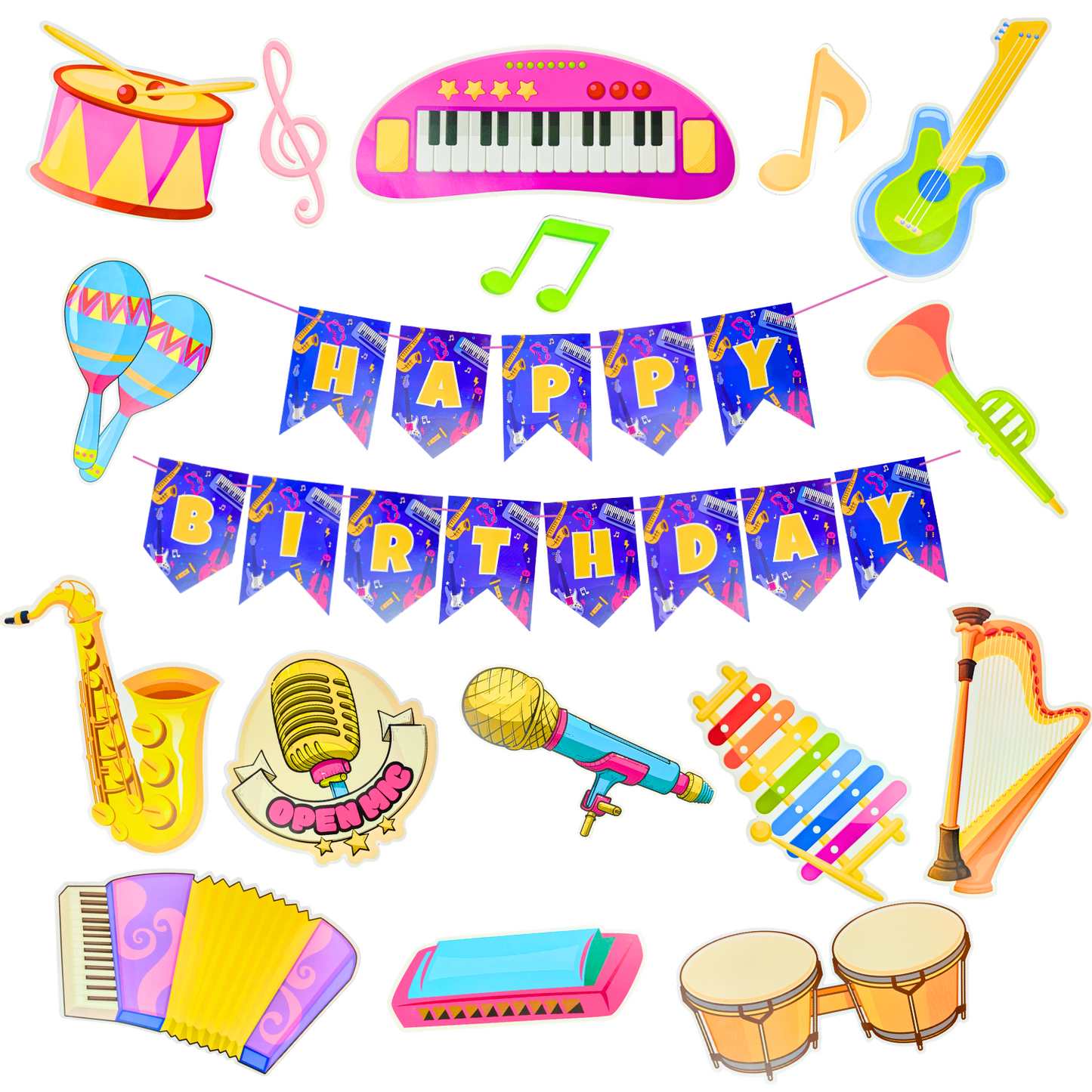 Party Decorz Musical Theme Party Paper Decoration Set Of 17 pcs, Happy Birthday Paper Banner (1 Set), Musical Theme Paper Cutout (16 pcs).