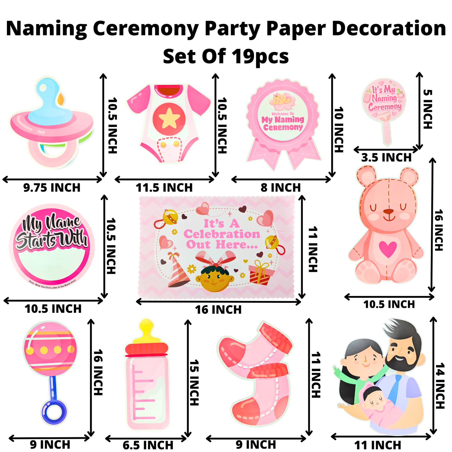 Party Decorz Naming Ceremony Party Paper Decoration Set Of 19pcs, Naming Ceremony Paper Banner (1 Set), Naming Ceremony Paper Cutouts (14 pcs), Photo Props (3 pcs), Cake Topper (1pcs)