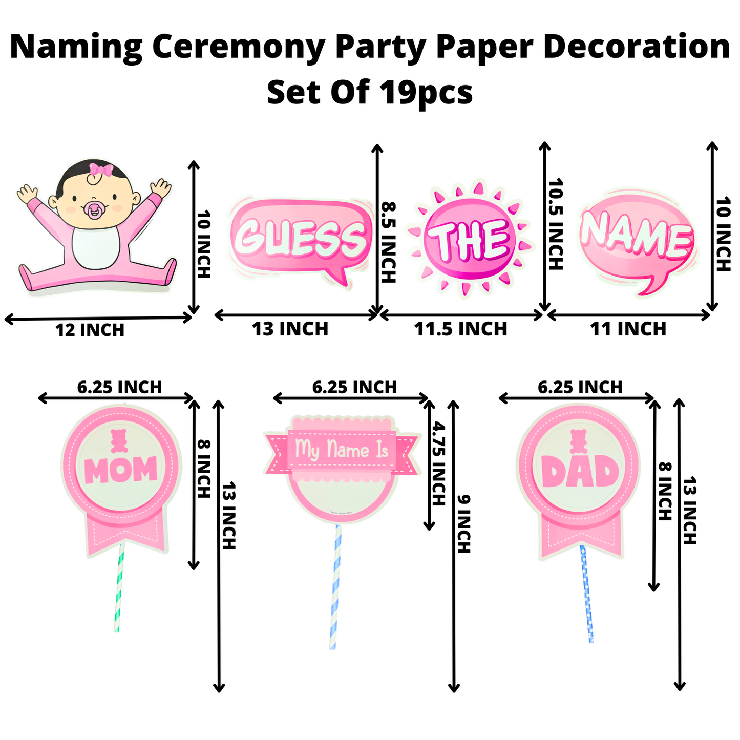 Party Decorz Naming Ceremony Party Paper Decoration Set Of 19pcs, Naming Ceremony Paper Banner (1 Set), Naming Ceremony Paper Cutouts (14 pcs), Photo Props (3 pcs), Cake Topper (1pcs)