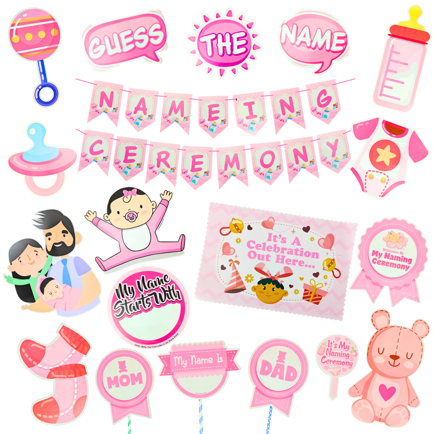 Party Decorz Naming Ceremony Party Paper Decoration Set Of 19pcs, Naming Ceremony Paper Banner (1 Set), Naming Ceremony Paper Cutouts (14 pcs), Photo Props (3 pcs), Cake Topper (1pcs)
