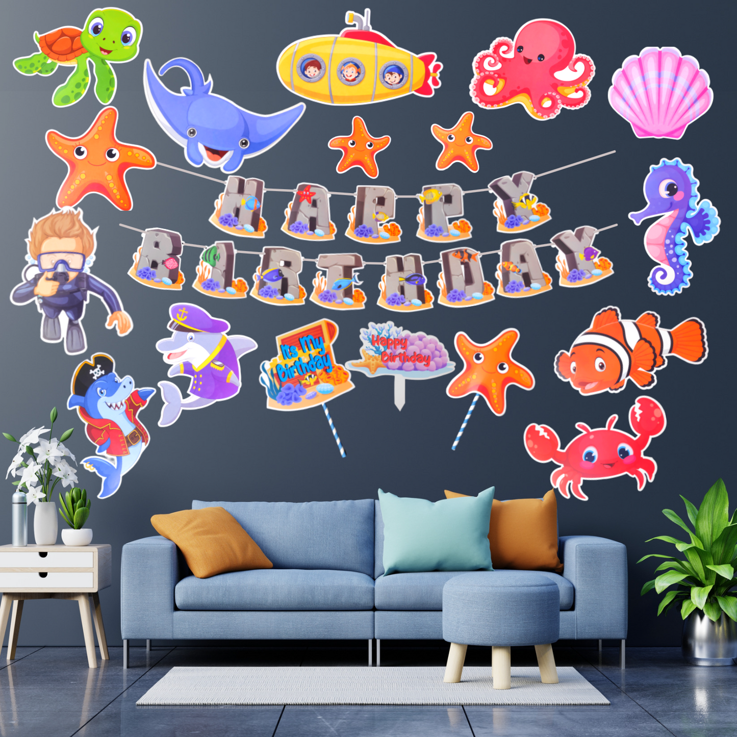 Party Decorz Sea Animal Theme Birthday Paper Decoration Set Of 18 pcs(1 pcs Happy Birthday Banner + 14pcs Sea Animal Paper Cutout + 2pcs Props + 1pcs Cake Topper) For Kids Sea Animal / Ocean Animal Theme Birthday Party