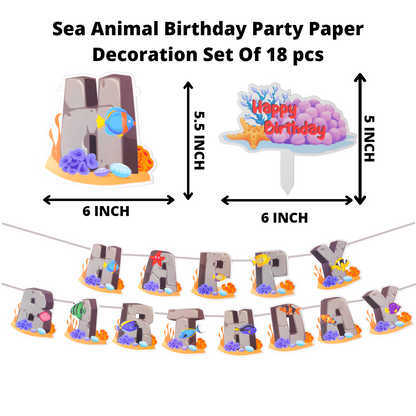 Party Decorz Sea Animal Theme Birthday Paper Decoration Set Of 18 pcs(1 pcs Happy Birthday Banner + 14pcs Sea Animal Paper Cutout + 2pcs Props + 1pcs Cake Topper) For Kids Sea Animal / Ocean Animal Theme Birthday Party