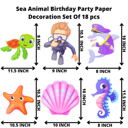 Party Decorz Sea Animal Theme Birthday Paper Decoration Set Of 18 pcs(1 pcs Happy Birthday Banner + 14pcs Sea Animal Paper Cutout + 2pcs Props + 1pcs Cake Topper) For Kids Sea Animal / Ocean Animal Theme Birthday Party