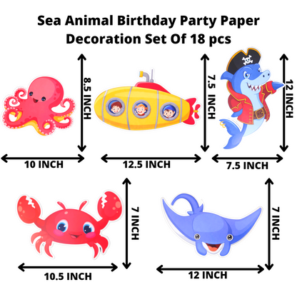 Party Decorz Sea Animal Theme Birthday Paper Decoration Set Of 18 pcs(1 pcs Happy Birthday Banner + 14pcs Sea Animal Paper Cutout + 2pcs Props + 1pcs Cake Topper) For Kids Sea Animal / Ocean Animal Theme Birthday Party