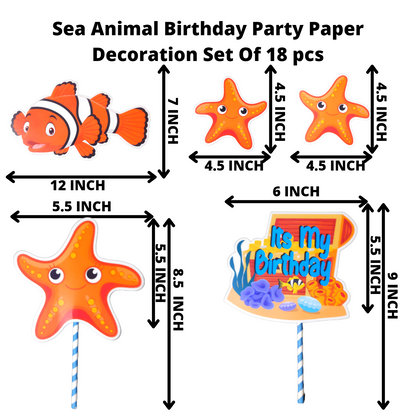 Party Decorz Sea Animal Theme Birthday Paper Decoration Set Of 18 pcs(1 pcs Happy Birthday Banner + 14pcs Sea Animal Paper Cutout + 2pcs Props + 1pcs Cake Topper) For Kids Sea Animal / Ocean Animal Theme Birthday Party