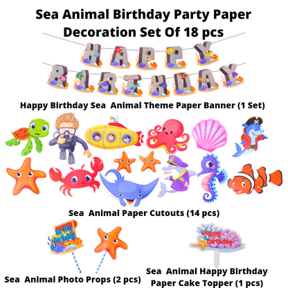 Party Decorz Sea Animal Theme Birthday Paper Decoration Set Of 18 pcs(1 pcs Happy Birthday Banner + 14pcs Sea Animal Paper Cutout + 2pcs Props + 1pcs Cake Topper) For Kids Sea Animal / Ocean Animal Theme Birthday Party