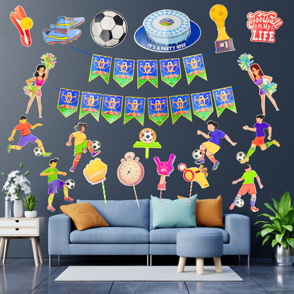 Party Decorz - Football Party Paper Decoration Set Of 20 pcs, Happy Birthday Paper Banner (1 Set), Football Paper Cutout (14 pcs), Cake Topper (1 pcs), Party Props (4pcs).