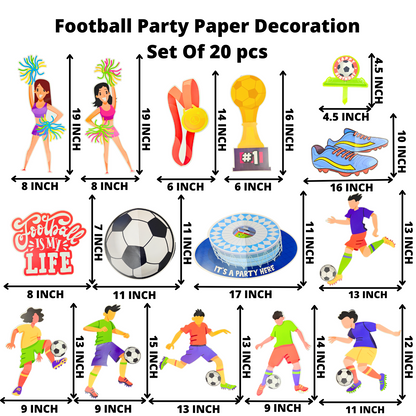Party Decorz - Football Party Paper Decoration Set Of 20 pcs, Happy Birthday Paper Banner (1 Set), Football Paper Cutout (14 pcs), Cake Topper (1 pcs), Party Props (4pcs).