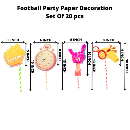 Party Decorz - Football Party Paper Decoration Set Of 20 pcs, Happy Birthday Paper Banner (1 Set), Football Paper Cutout (14 pcs), Cake Topper (1 pcs), Party Props (4pcs).