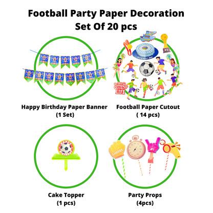 Party Decorz - Football Party Paper Decoration Set Of 20 pcs, Happy Birthday Paper Banner (1 Set), Football Paper Cutout (14 pcs), Cake Topper (1 pcs), Party Props (4pcs).