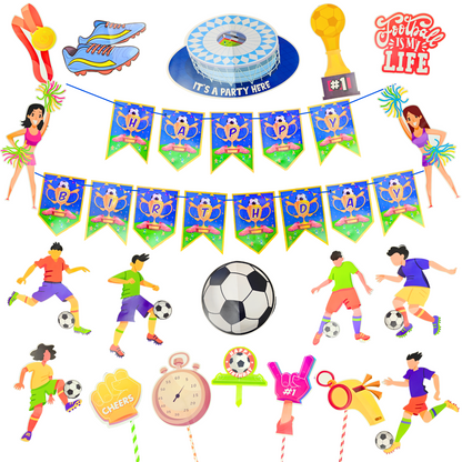 Party Decorz - Football Party Paper Decoration Set Of 20 pcs, Happy Birthday Paper Banner (1 Set), Football Paper Cutout (14 pcs), Cake Topper (1 pcs), Party Props (4pcs).