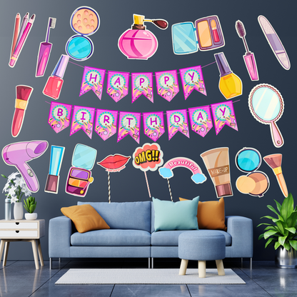 Party Decorz Makeup Party Paper Decoration Set Of 21 pcs|Happy Birthday Paper Banner (1 Set)|Makeup Paper Cutout (17 pcs)|Party Props (3 pcs)