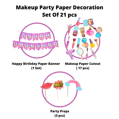 Party Decorz Makeup Party Paper Decoration Set Of 21 pcs|Happy Birthday Paper Banner (1 Set)|Makeup Paper Cutout (17 pcs)|Party Props (3 pcs)