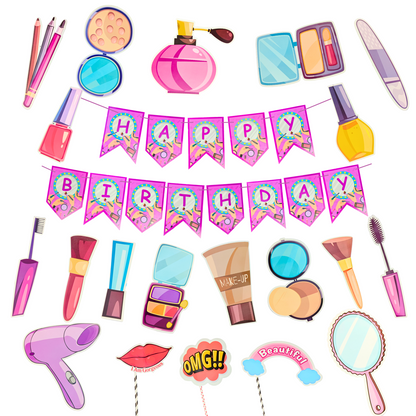 Party Decorz Makeup Party Paper Decoration Set Of 21 pcs|Happy Birthday Paper Banner (1 Set)|Makeup Paper Cutout (17 pcs)|Party Props (3 pcs)