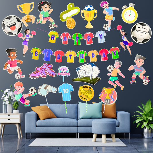 Party Decorz Football Party Paper Decoration Set Of 22 pcs, Happy Birthday Paper Banner (1 Set), Football Paper Cutout (16 pcs), Cake Topper (1 pcs), Party Props (4pcs).