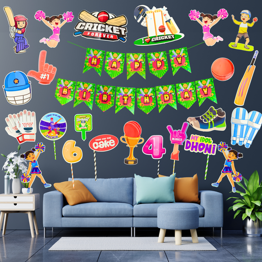 Party Decorz Cricket Birthday Paper Decoration Set Of 24 pcs, Happy Birthday Paper Banner (1 Set), Cricket Paper Cutout (16 pcs), Cake Topper (1 pcs), Party Props (6 pcs)