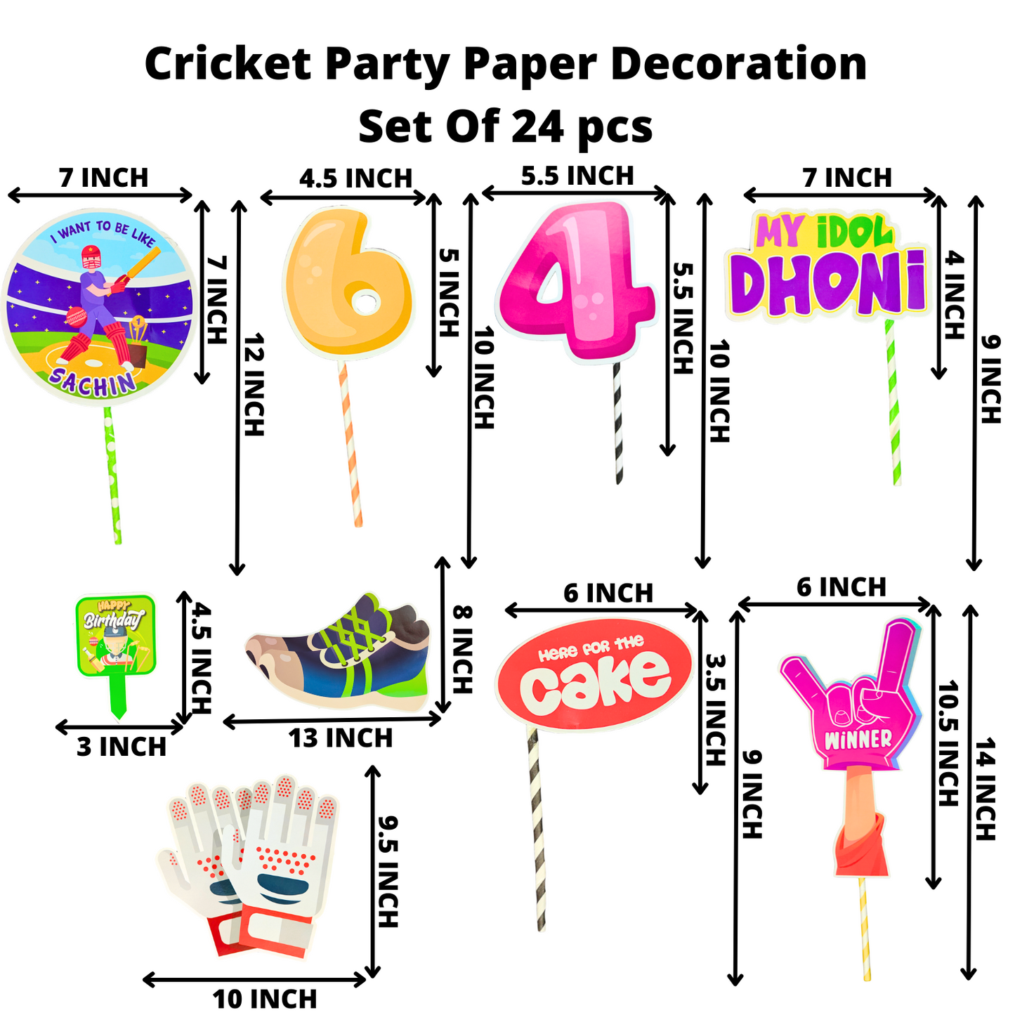Party Decorz Cricket Birthday Paper Decoration Set Of 24 pcs, Happy Birthday Paper Banner (1 Set), Cricket Paper Cutout (16 pcs), Cake Topper (1 pcs), Party Props (6 pcs)