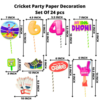 Party Decorz Cricket Birthday Paper Decoration Set Of 24 pcs, Happy Birthday Paper Banner (1 Set), Cricket Paper Cutout (16 pcs), Cake Topper (1 pcs), Party Props (6 pcs)