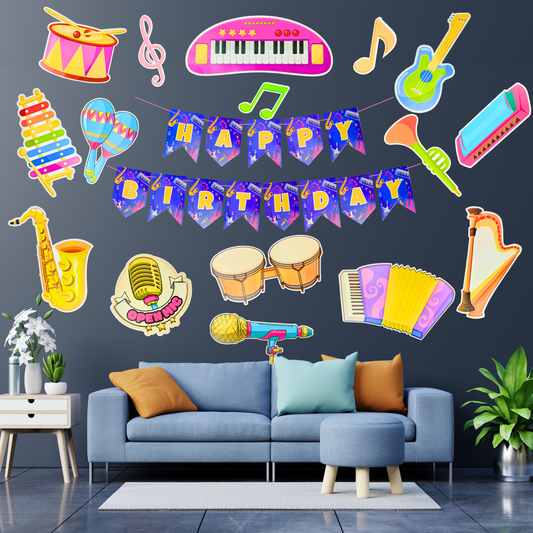 Party Decorz Musical Theme Party Paper Decoration Set Of 17 pcs, Happy Birthday Paper Banner (1 Set), Musical Theme Paper Cutout (16 pcs).