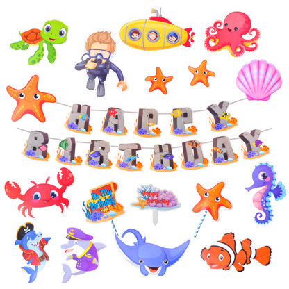 Party Decorz Sea Animal Theme Birthday Paper Decoration Set Of 18 pcs(1 pcs Happy Birthday Banner + 14pcs Sea Animal Paper Cutout + 2pcs Props + 1pcs Cake Topper) For Kids Sea Animal / Ocean Animal Theme Birthday Party